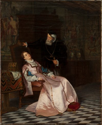 Gustav Vasa finner sin kone Catherine Stenbock sovende og hører henne si kong Gösta jeg elsker..., 1 av Hugo Salmson