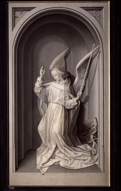 Bebudelsens engel, utvendig panel på triptyken Portinari - olje på panel, ca. 1475 av Hugo van der Goes
