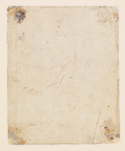 Innskrift på verso: øvre senter, brunt blekk, italiensk 1700-tallshånd: "Sandro scrive che sicuro fia"; under det, brunt blekk, hånd fra 1800-tallet: "Petro Perugino", av Hugo van der Goes
