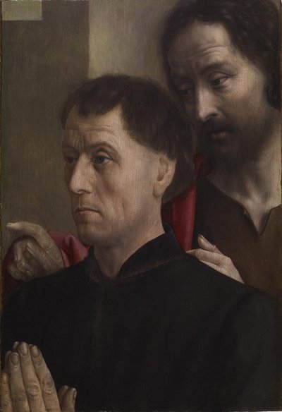Portrett av en mann i bønn med døperen Johannes, ca. 1475 (olje på panel) av Hugo van der Goes