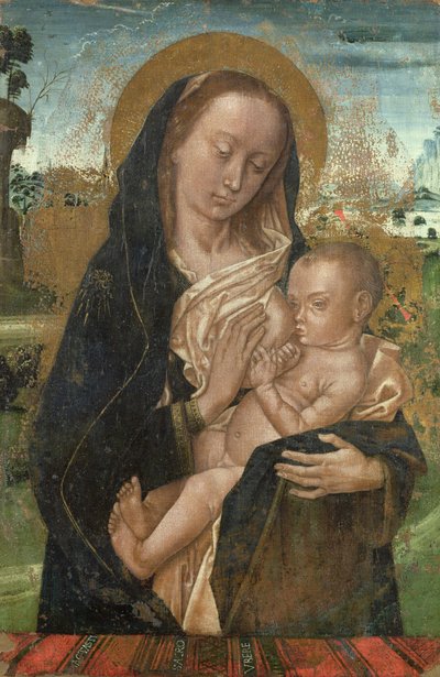 Jomfru Maria stiller Jesusbarnet, etter 1476 av Hugo van der studio of Goes
