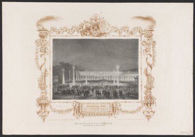 Kveldsfest for studentene, 1836 Partiet til H.H. Studenter i hagen av C. van Leeuwen / Evening of the 14 Juny 1836 (tittel på objekt) Plater for feiringen av det andre hundreårsjubileet til Utrechtsche Hogeschool, 1836 (serietittel) av Huib van Hove Bz