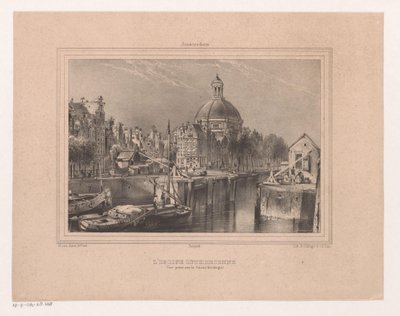 Se på Stromarkt, Singel og Lutherse kirke Den lutherske kirke. Utsikt tatt på kanalen (kjent som Singel) (tittel på objekt) Souvenir of Amsterdam Eight Views tegnet og litografiert fra naturen av H. van Hove Bz. (serietittel) av Huib van Hove Bz
