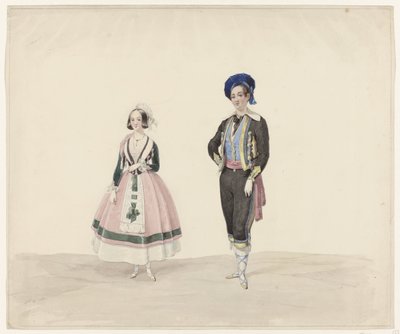 Mann og kvinne i historisk drakt, 1841 Seks akvareller av tidstypiske kostymer til kostymeballet i 1841 (serietittel) av Huib van Hove Bz