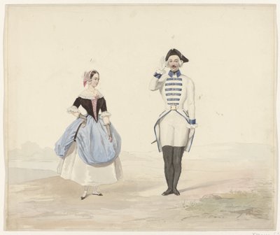 Mann og kvinne i historisk drakt, 1841 Seks akvareller av tidstypiske kostymer til kostymeballet i 1841 (serietittel) av Huib van Hove Bz