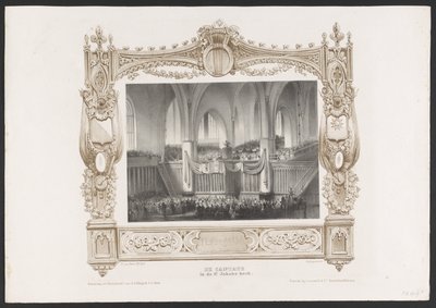Prosesjon med en trykkpresse, 1836 Kantaten i St. Jakobs kirke / 17. juni 1836 (tittel på objekt) Plater for feiringen av det andre hundreårsjubileet til Utrechtsche Hogeschool, 1836 (serietittel) av Huib van Hove Bz