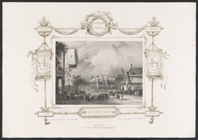 Prosesjon med en trykkpresse, 1836 Optogt van eene working Drukkerij / 15. juni 1836 (tittel på objekt) Plater for feiringen av det andre hundreårsjubileet til Utrechtsche Hogeschool, 1836 (serietittel) av Huib van Hove Bz