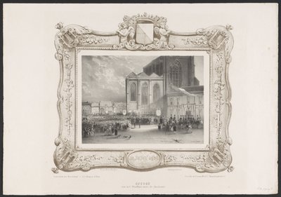 Prosesjon fra rådhuset til akademibygningen, 1836 Himmelfart fra rådhuset til akademiet (tittel på objekt) Plater for feiringen av det andre hundreårsjubileet til Utrechtsche Hogeschool, 1836 (serietittel) av Huib van Hove Bz