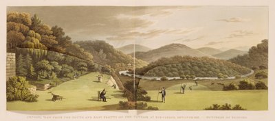 Generelt utsikt fra sør- og østfronten av hytten i Endsleigh, Devon (før) fra "Fragmenter om teori og praksis for landskapshagearbeid", pub. 1816 (farge litho) (se også 103914) av Humphry Repton