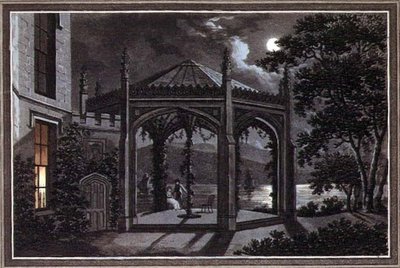 Paviljong og drivhus for et gotisk herskapshus, fra "Observations on the Theory and Practice of Landscape Gardening", pub. 1802 (farge litho) av Humphry Repton