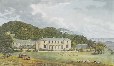 Sørfront med vestfront i perspektiv, fra Red Book for Antony House, ca. 1812 av Humphry Repton