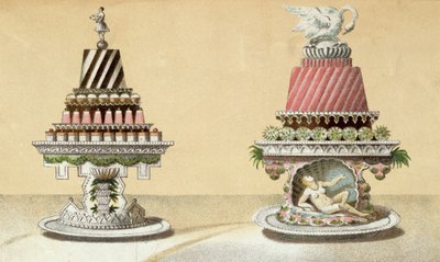 Design for presentasjonen av Charlottes a la Reine & Pain de Framboises a la Leda, illustrasjon fra en ungarsk kokebok om fransk matlaging, ca. 1880 av Hungarian School
