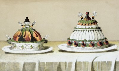 Design for presentasjon av kylling fylt med foie gras og fasanbryst tilberedt på Berthold-måten, illustrasjon fra en ungarsk kokebok om fransk matlaging, ca. 1880 av Hungarian School