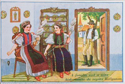 Postkort som viser kvinner i tradisjonell ungarsk kjole som spinner og synger den populære sangen Sing a Song to the Frog, ca. 1940 av Hungarian School