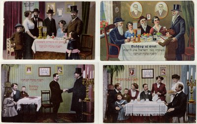 Postkort som viser den jødiske familien på Rosh Hashanah av Hungarian School