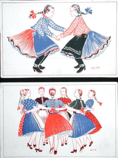 Postkort som viser tradisjonelle ungarske danser, ca. 1947-8 (litho i farge) av Hungarian School