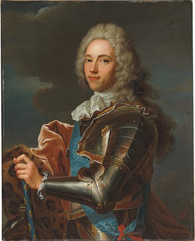 Portrett av Duc de Broglie, i ramme av Sainte Esprit-ordenen, med stafettpinnen av en marskalk av Frankrike av Hyacinthe Francois Rigaud