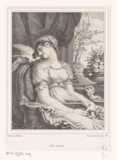 Sittende kvinne med bok og hvit fugl Une pensée (tittel på objekt) av Hyacinthe Louis Victor Jean Baptiste Aubry Lecomte