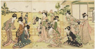 Hawking Party, 1807 (treblokktrykk i farger) av Hyakusai Hisanobu Hyakusai Hisanobu