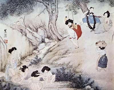 Kvinner utendørs (bader i elven og svinger) og to menn som ser på dem, Kree - av Hye-Wol, Yi-dynastiet av Hyewon