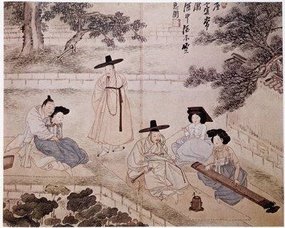 Musikk, fumery og par i en hage, Korea - av Hye-Wol, Yi-dynastiet av Hyewon