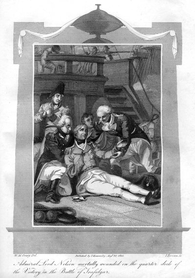 Admiral Nelson ligger dødelig såret på kvartdekket til HMS Victory, 1816. av I. Brown