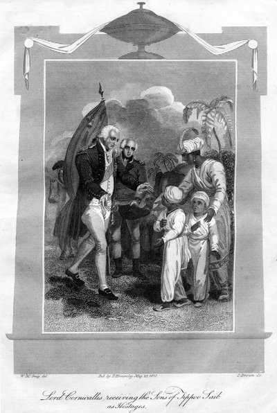 Lord Cornwallis 1738-1805 mottok sønnene til Tippoo Saib som gisler, 1816. av I. Brown