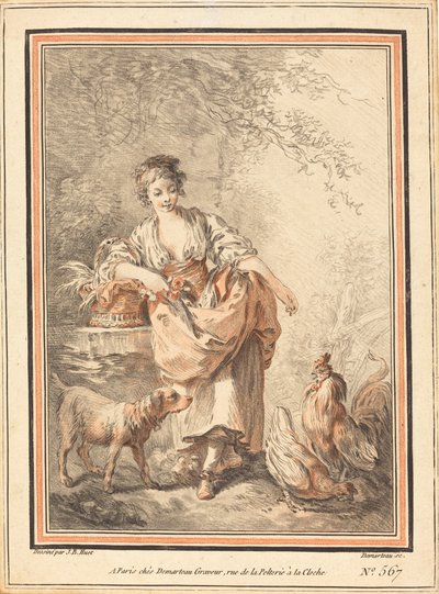 Kvinne som mater kyllinger av I Gilles Antoine Demarteau after Jean Baptiste Hüet