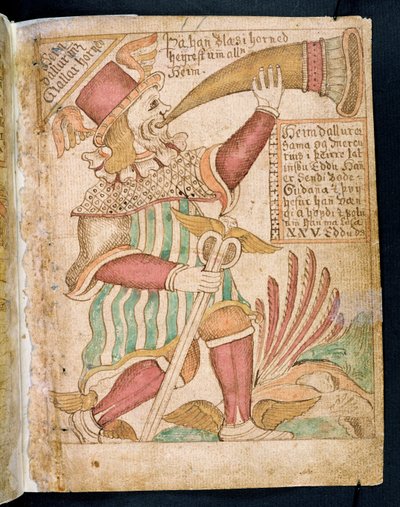 Heimdal Blowing his Horn before Ragnarok, fra Melsteds Edda (penn & blekk og wc på papir) av Icelandic School