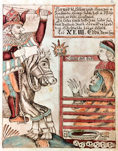 Hermod går over Sleipnir, farens berømte åttebeinte lader, ved sperreportene til kongeriket Hel av Icelandic School