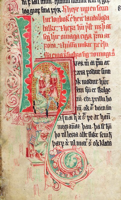 Historikert initial H, fra Skarosbok (The Book of Skard) ca.1350 av Icelandic School