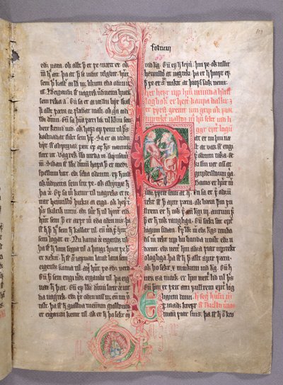 Historikert initial P som viser to handelsmenn, fra begynnelsen av avsnittet om handel, fra Skarosbok (Skardboken) ca. 1350 av Icelandic School