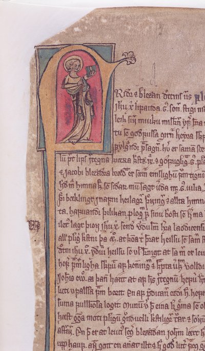 Historikert initial i begynnelsen av Sagaen om de to apostlene Johannes og Jakob, fra Codex Scardensis, ca. 1360 av Icelandic School