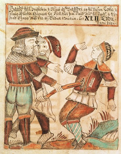 Ny Kgl Saml 1867.4, s.95v The Killing of Balder (penn & blekk og akvarell på papir) (se også 169947) av Icelandic School