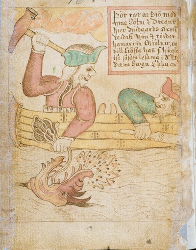 Thor fanger Midgardsormen, fra Melsteds Edda (penn og blekk og akvarell på papir) av Icelandic School