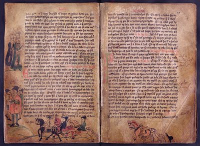 To illustrerte sider fra en kopi av den originale Jonsbok-lovsamlingen fra 1200-tallet av Icelandic School