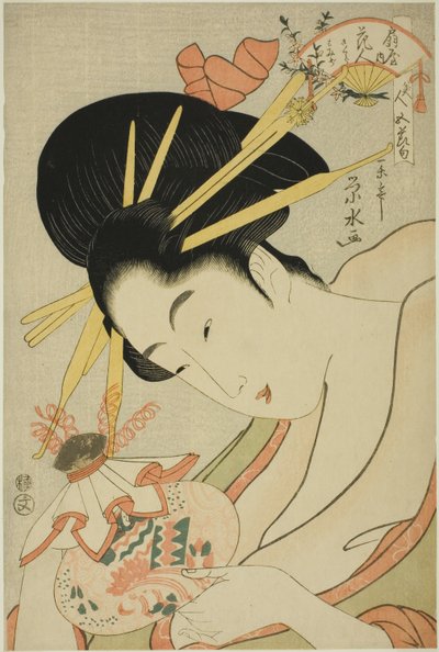 Kurtisanen Hanahito fra Ogiya og ledsagerne Sakura og Momiji, fra serien "Beauties of the Five Festivals (Bijin gosekku)" av Ichirakutei Eisui