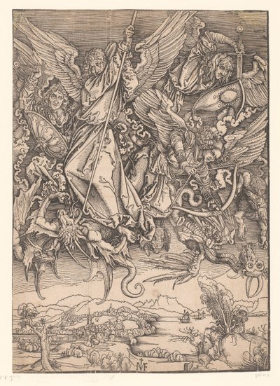 Archangels Fighting Dragons Kopier til Dürers Apocalypse (serietittel) av Ieronimus Greff von Frankfurt