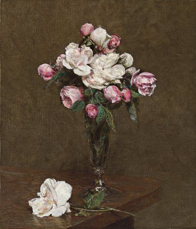 Rosa og hvite roser i en champagnefløyte, 1874 av Ignace Henri Jean Fantin Latour