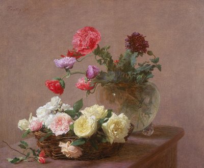 Valmuer i en krystallvase, eller kurv med roser, 1890 av Ignace Henri Jean Fantin Latour