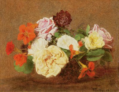 Roser og nasturtiums i en vase, 1883 av Ignace Henri Jean Fantin Latour