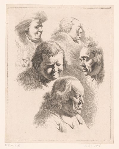 Komposisjon med seks hoder av menn og kvinner med lukkede øyne av Ignace Joseph de Claussin (attributed to)