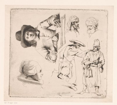 Komposisjon med en skrivende mann, et kvinnehode og fire mannsfigurer av Ignace Joseph de Claussin