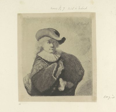 Selvportrett med hatt med floppbremmet og brodert kappe Recueil de quatre-vingt-cinq estampes originales (serietittel) av Ignace Joseph de Claussin