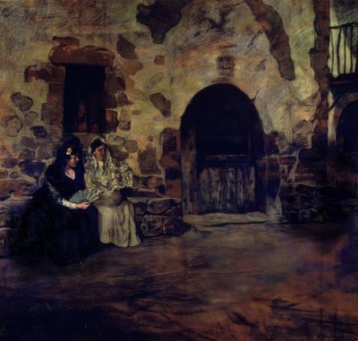 (TO KVINNER MED MANTILLA OG VENTILA I DØREN TIL CASERIOEN) - TYVENDE ÅRHUNDRE av Ignacio Zuloaga y Zabaleta