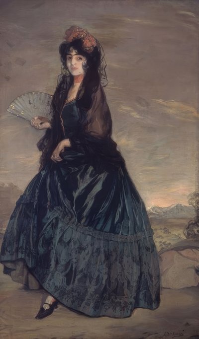 KVINNE MED TEPE, BLOMSTER OG VIFTE - LERTOLJE - 199 × 120,5 CM av Ignacio Zuloaga y Zabaleta