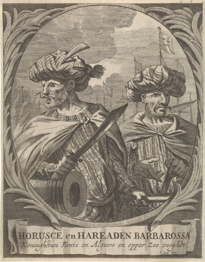 Portretter av Horusce og Haraden Barbarossa, Barbary-pirater Horusce og Haraden Barbarossa, konge av Tunis og Alger og Upper Sea Guardian (tittel på objekt) av Ignatius Lux