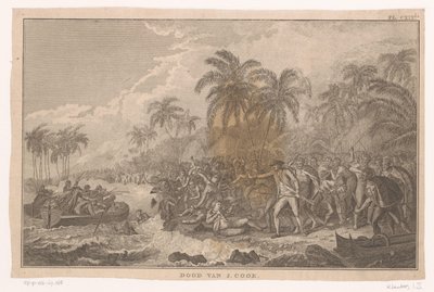 James Cooks død under en kamp med folket på Hawaii J. Cooks død (tittel på objekt) av Ignaz Sebastian Klauber (possibly)