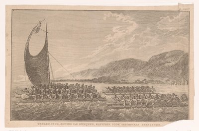 Hawaiianere og deres konge seiler i kanoer til James Cook for å gi ham gaver Terreeoboo, King of Owijhee, Captain Cook bringer gaver (tittel på objekt) av Ignaz Sebastian Klauber (possibly)