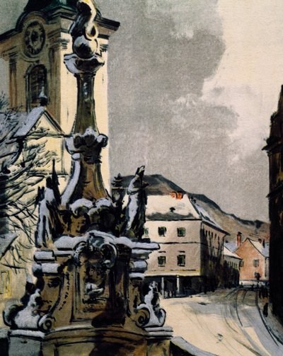 Utsikt over Hainburg an der Donau, Østerrike, byen der Franz Joseph Haydn (1732-1809) studerte musikk mellom 1738 og 1740, trykk av Igo Potsch (1884-1943) for å feire hundreårsdagen for musikerens død av Igo Potsch